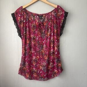 Self Esteem Top Size Large Pink Floral Sheer Mesh Y2K Romantic Whimsigoth Retro